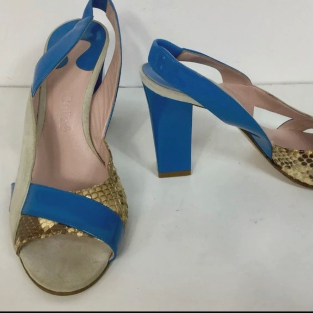 Chloe Blue Ivory Suede Snakeskin Patent Leather Peep Toe Slingbacks Heels 5 38